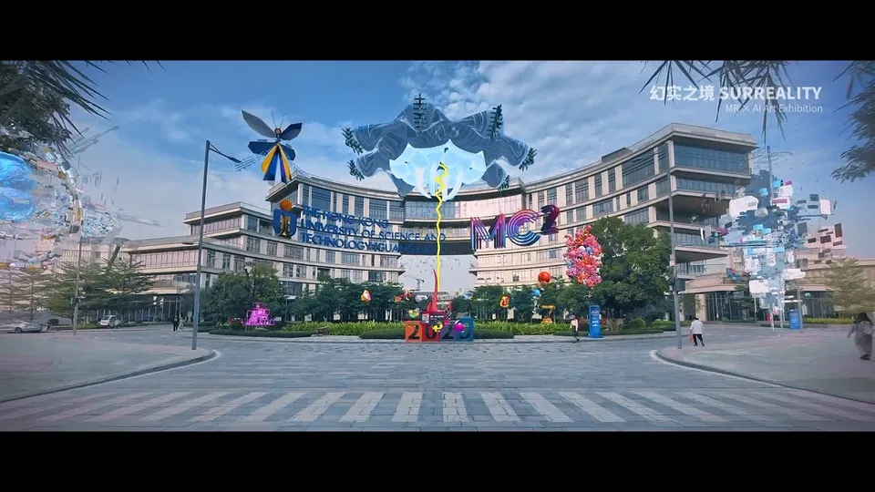 A university campus with large sculptures and a SURREALITY sign.