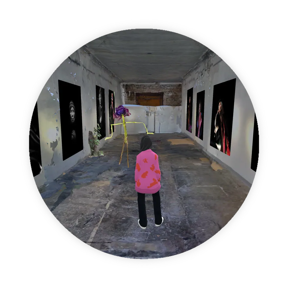 A round view into a 3D gallery: an avatar in a pink jacket walks between portraits.