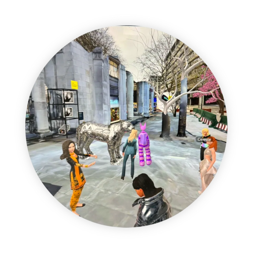 A round view into a 3D world: avatars stand in a street with a silver jaguar.
