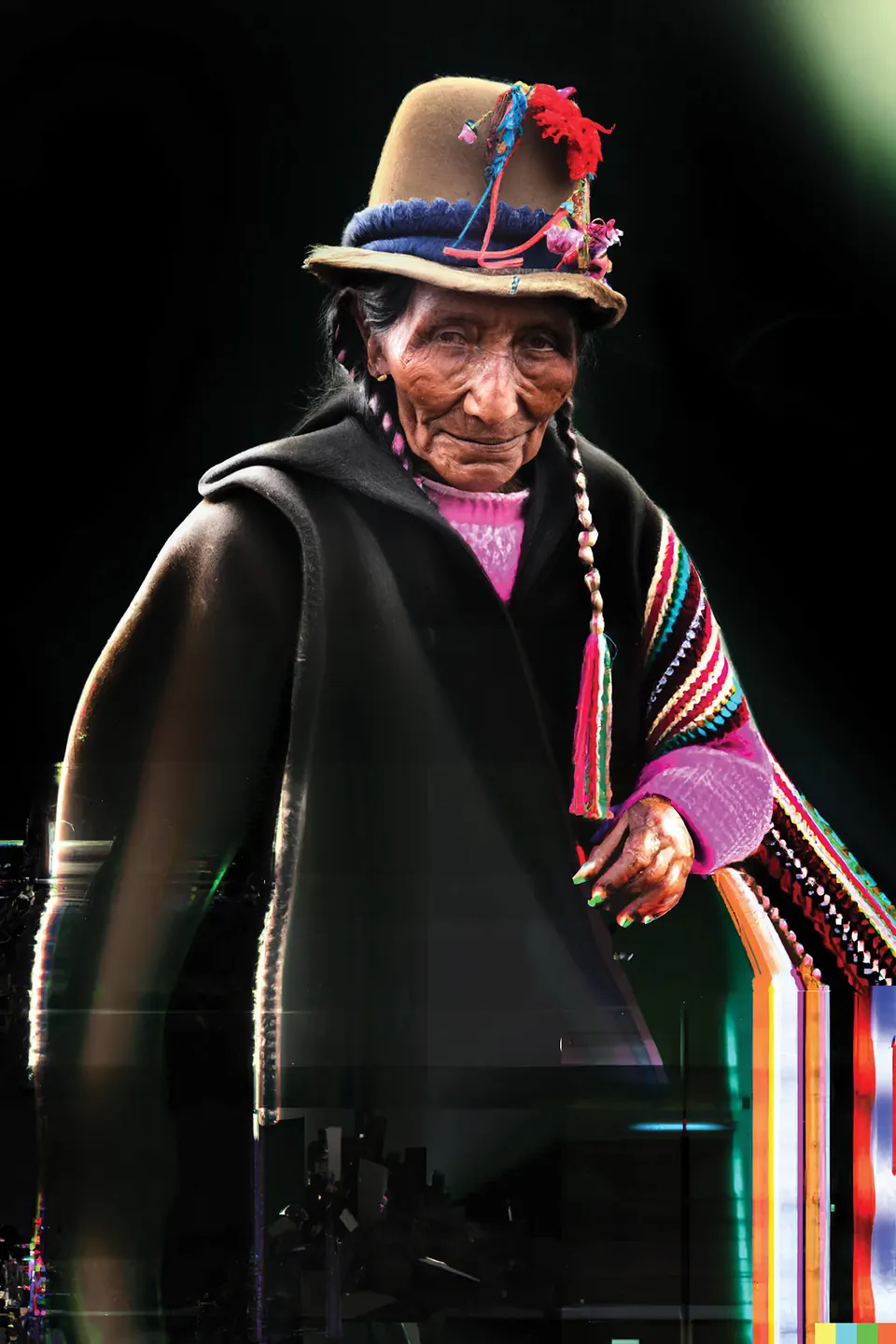 A grandmother in a brown hat with red pompoms and a pink jumper rests her hand on a striped cloth, with streaks of colour behind her.
