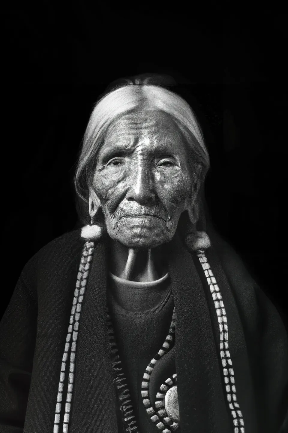 In black and white, a grandmother with white hair and long beaded braids looks straight ahead.