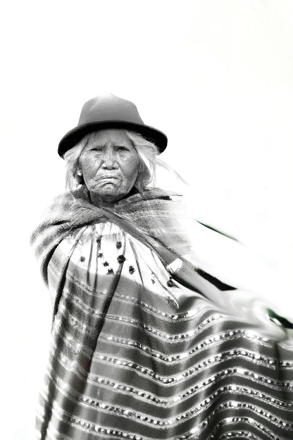 On white, a grandmother in a bowler hat and a striped shawl that blurs at the edges.