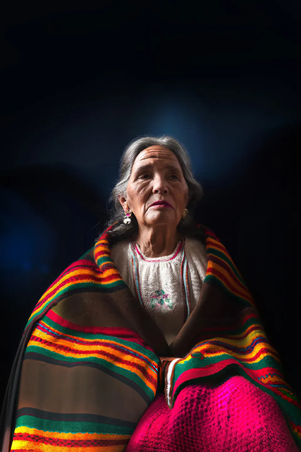 A grandmother with grey hair sits wrapped in a shawl striped in orange, green and yellow, over a bright pink skirt.