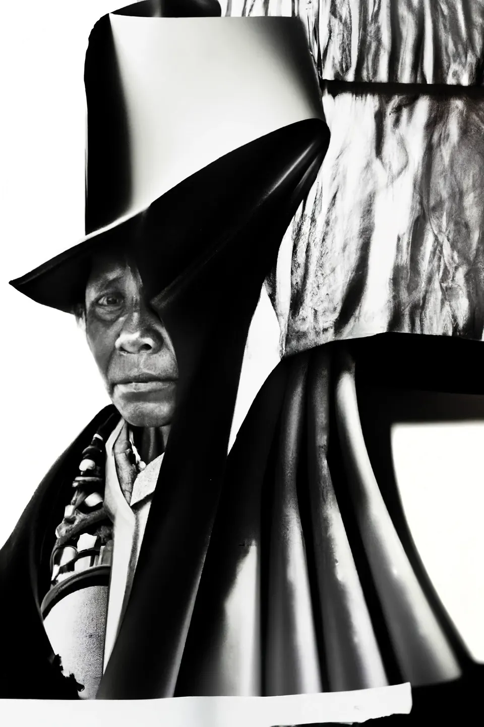A collage in black and white: a figure in a wide hat between sheets of white and black.