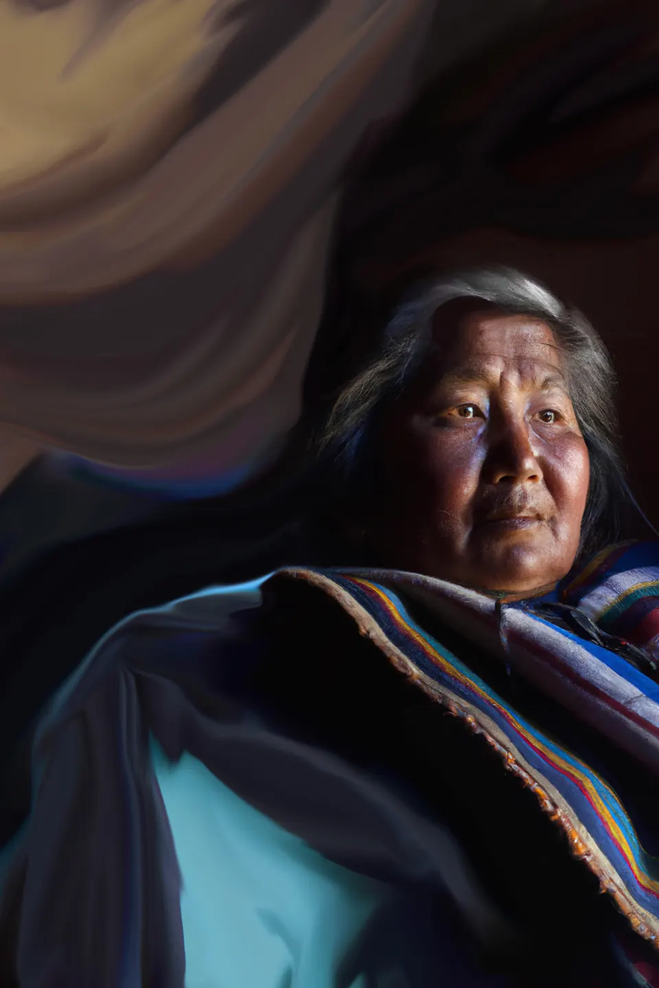 A grandmother in a blue striped shawl, painted in soft light, looks to the side.