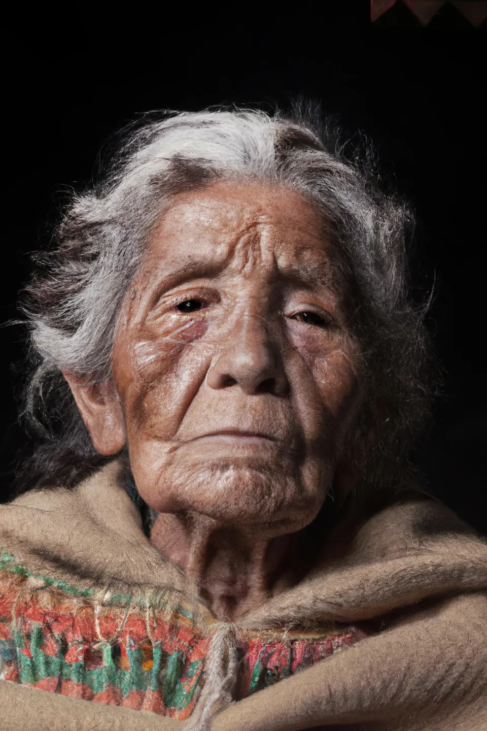 Close up, a grandmother with curly grey hair and a woollen shawl with coloured stripes.