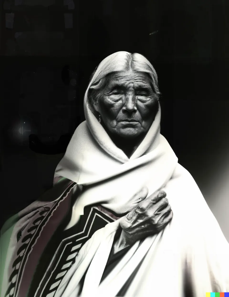 In black and white, a grandmother wrapped in a white shawl with a dark woven pattern, her hand on her chest.