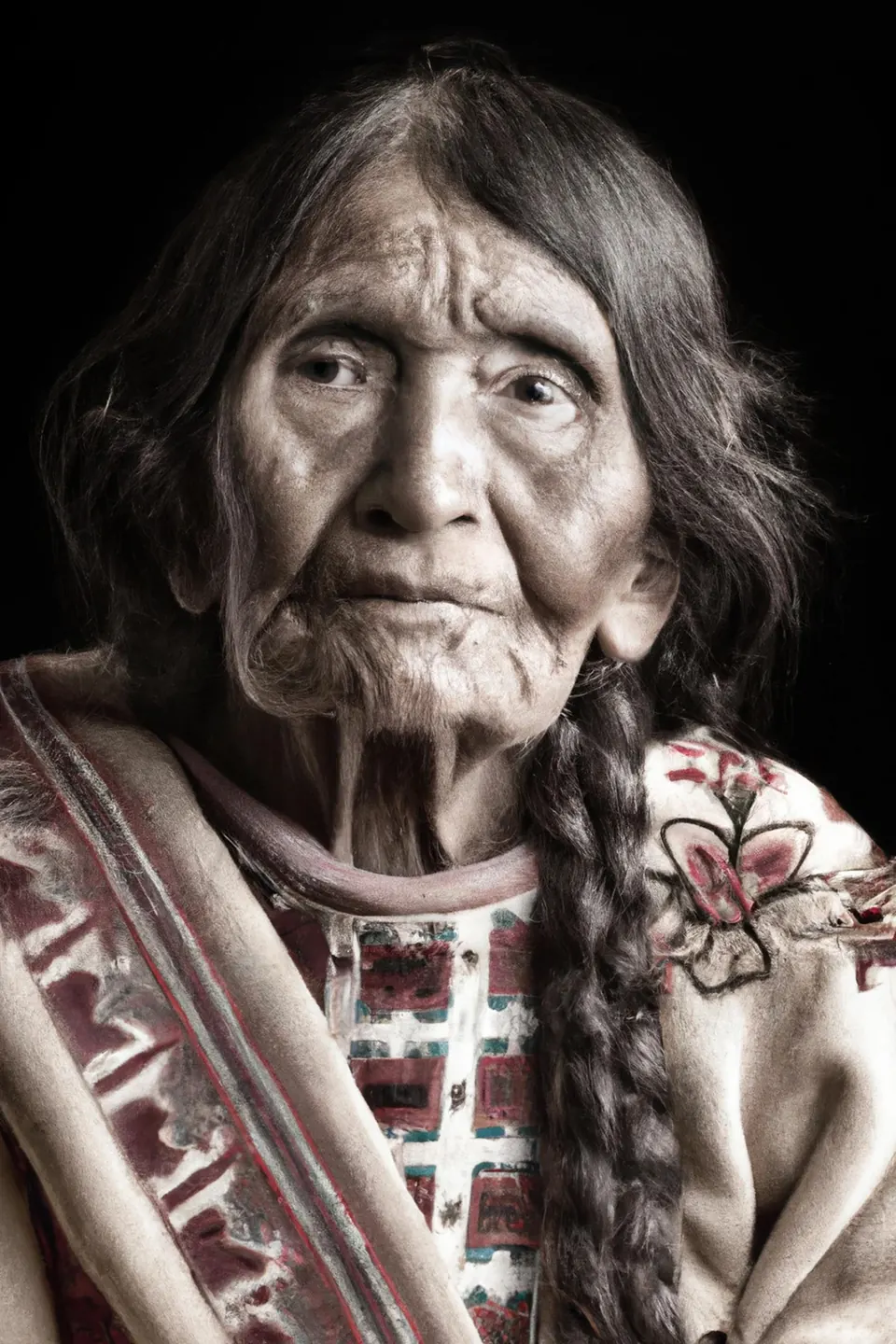 A grandmother with long braids and a deeply lined face, in a cream shawl with red embroidery.
