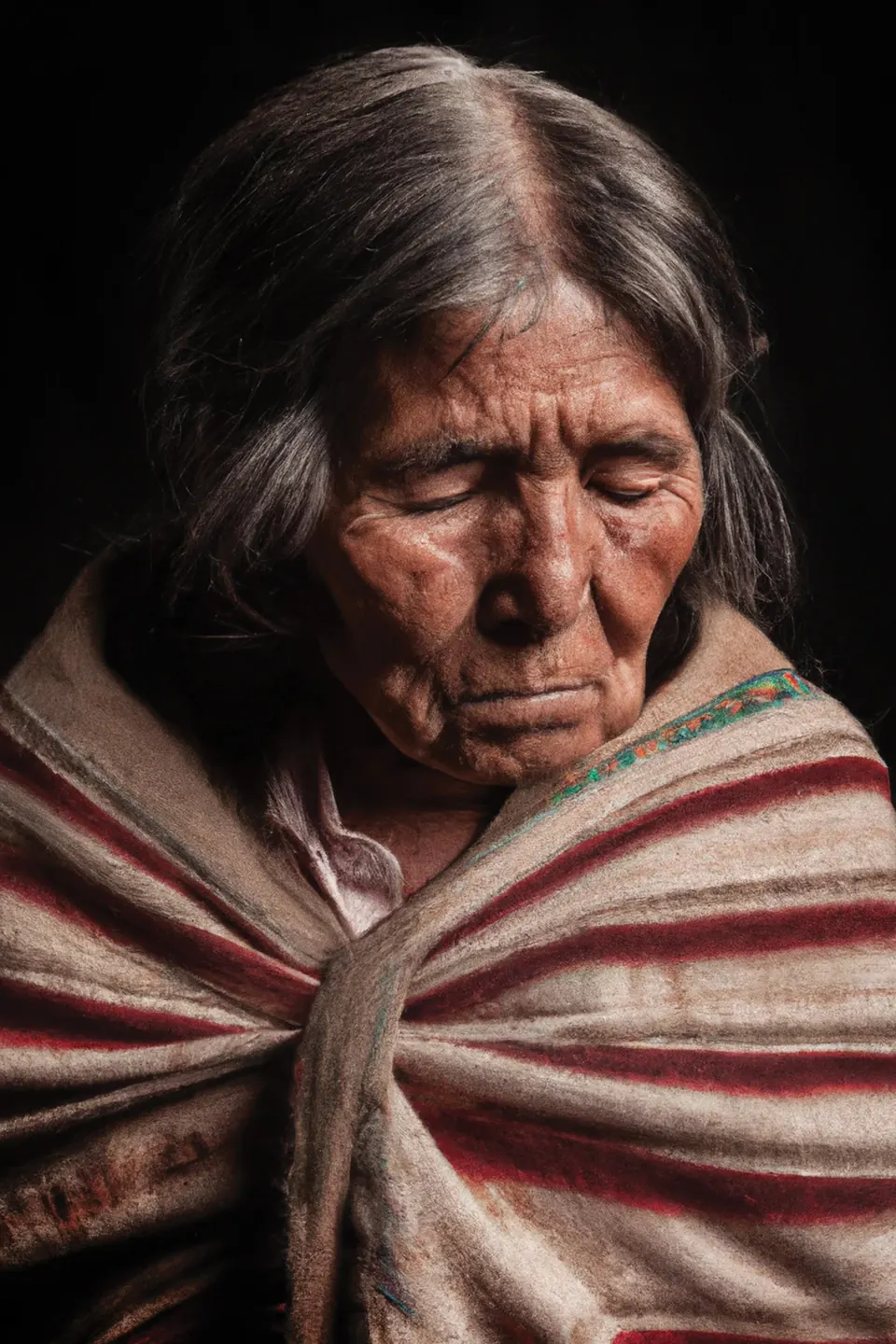 A grandmother with her eyes lowered, wrapped in a red and cream striped shawl.