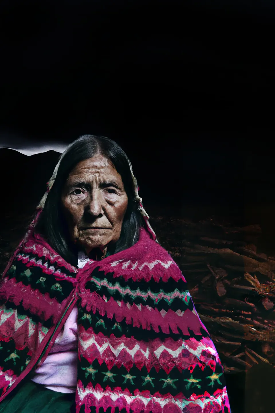 A grandmother with long braids in a pink and green knitted shawl, before a dark field.