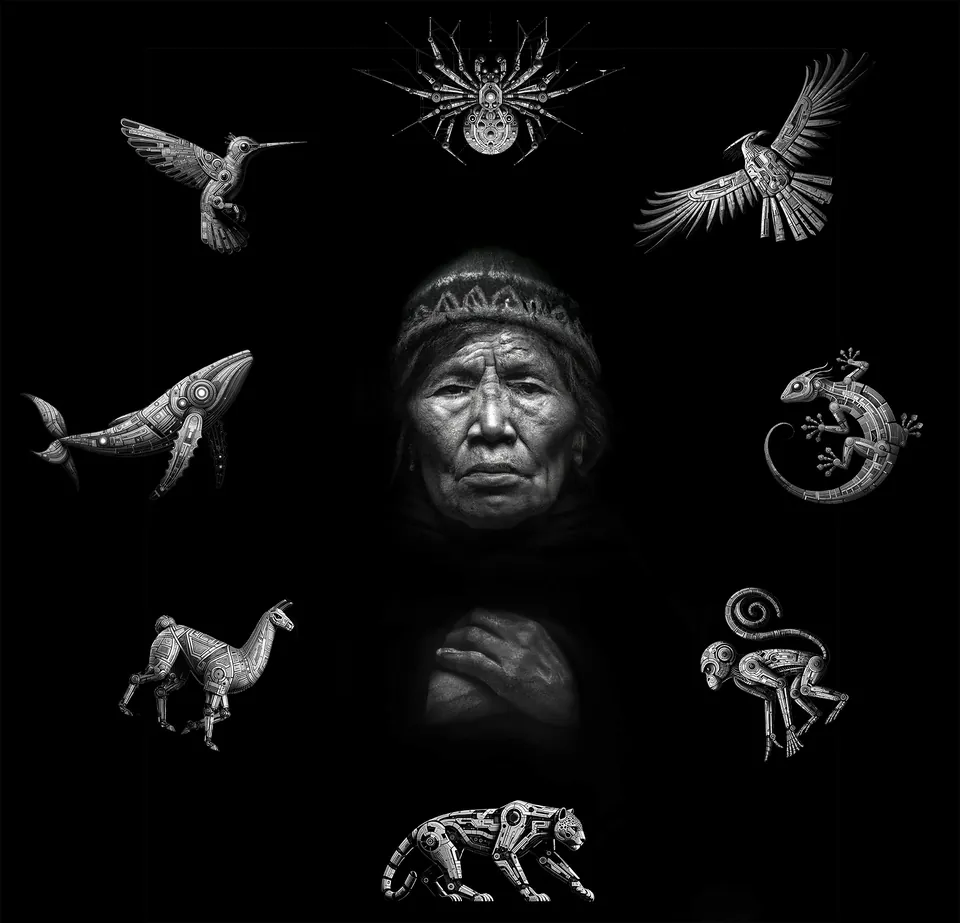 In black and white, a grandmother with her hands crossed, ringed by eight silver robotic animals: spider, condor, gecko, monkey, jaguar, llama, whale and hummingbird.