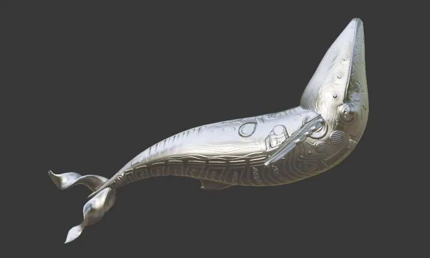 La ballena plateada de Huk, con dibujos, nada hacia arriba.