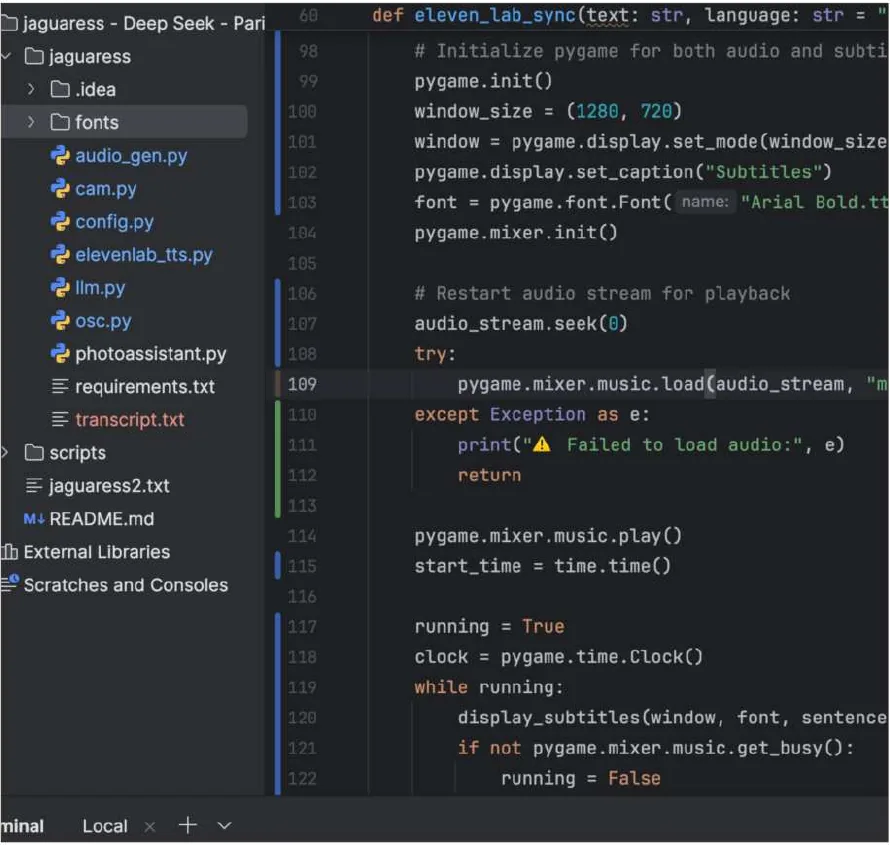 Un editor de código: una carpeta de archivos Python para la jaguar, con la cámara, la voz, el modelo de lenguaje y OSC.