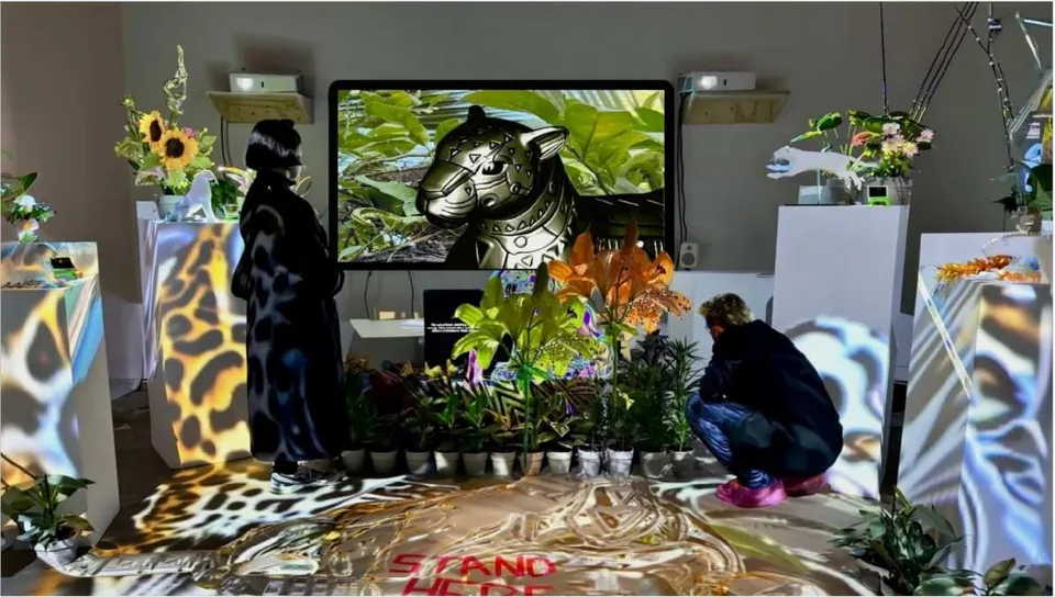 Una instalación de pedestales blancos cubiertos de manchas de jaguar proyectadas, plantas y flores, una pantalla con un jaguar de metal; dos visitantes, una agachada.