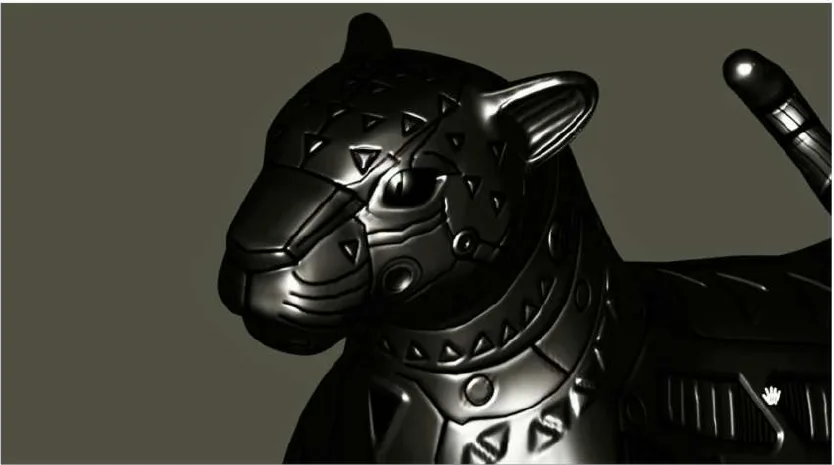 La cabeza de un jaguar negro con piel de metal brillante, tallada con patrones.
