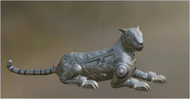 Un jaguar robótico plateado echado, con el cuerpo hecho de paneles tallados y articulados.