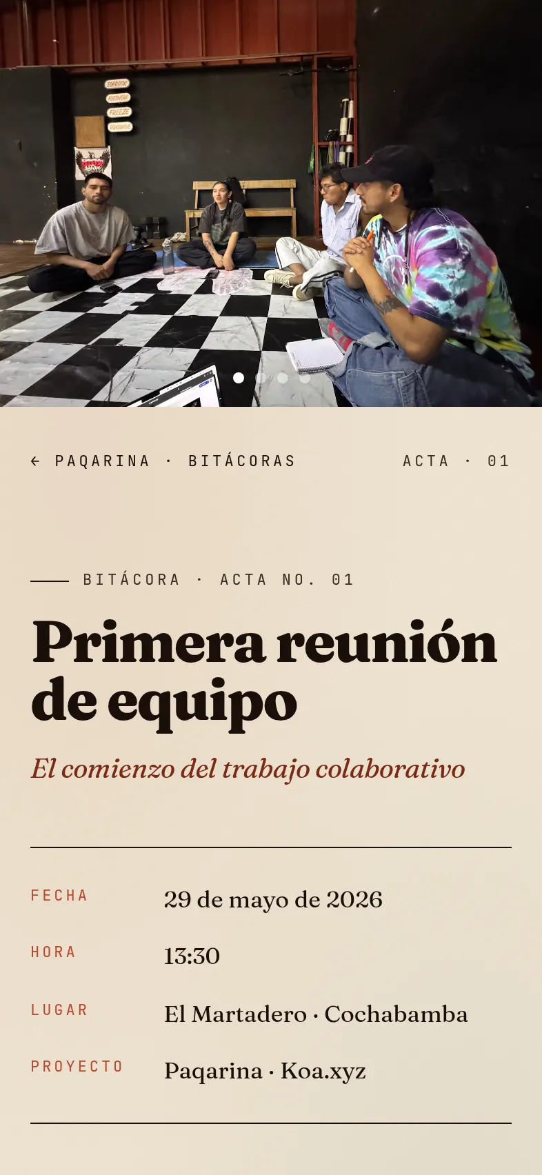 La primera página de la bitácora: Primera reunión de equipo, 29 de mayo de 2026, El Martadero.