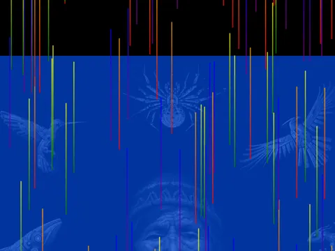 Hilos de color caen sobre una imagen azul de abuelas y animales.