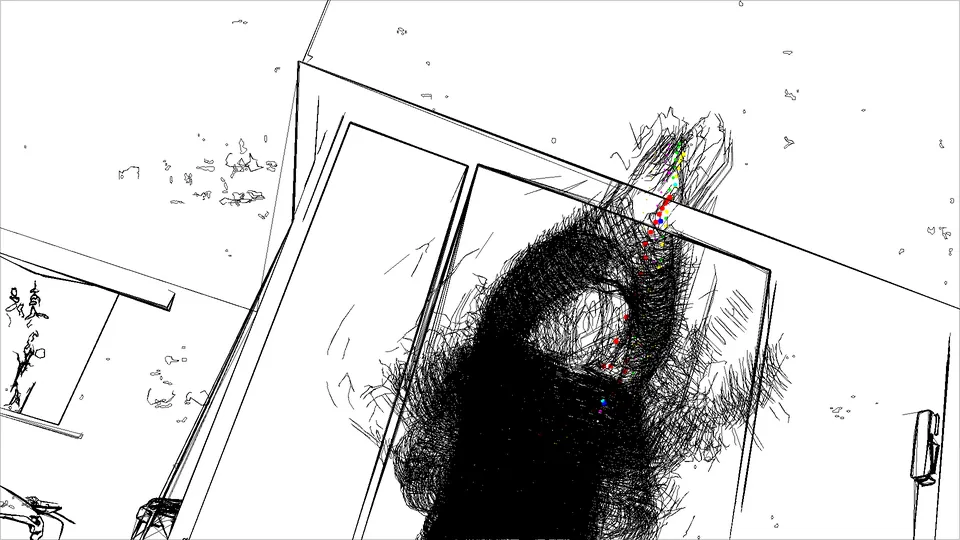 Un dibujo de una figura en trazos oscuros detrás de una ventana inclinada.