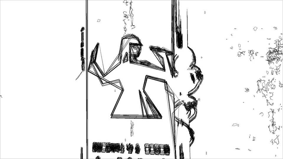 Un dibujo de una figura con los brazos arriba, como un recorte de papel, en una puerta.