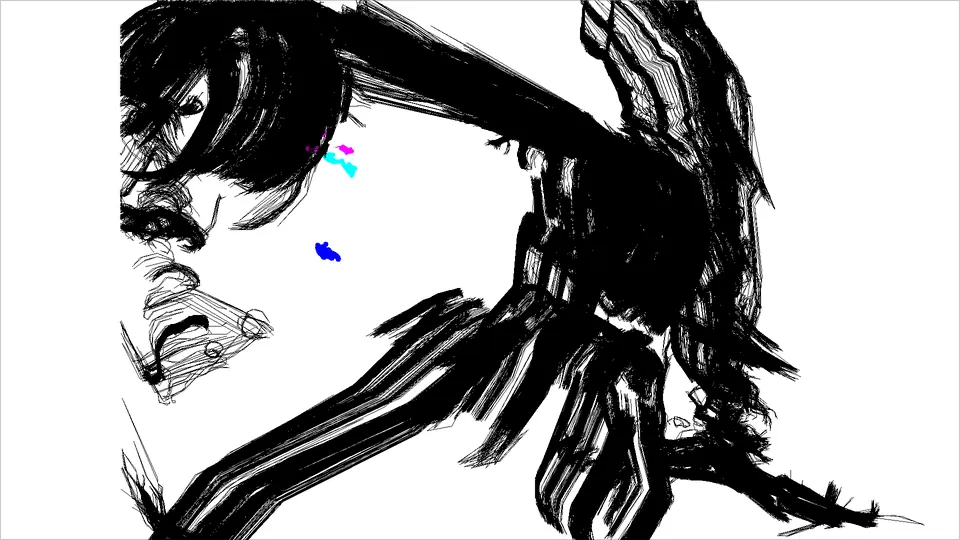 Un dibujo de líneas negras de una cara de cerca, el pelo le cae encima, con unos puntos de color.