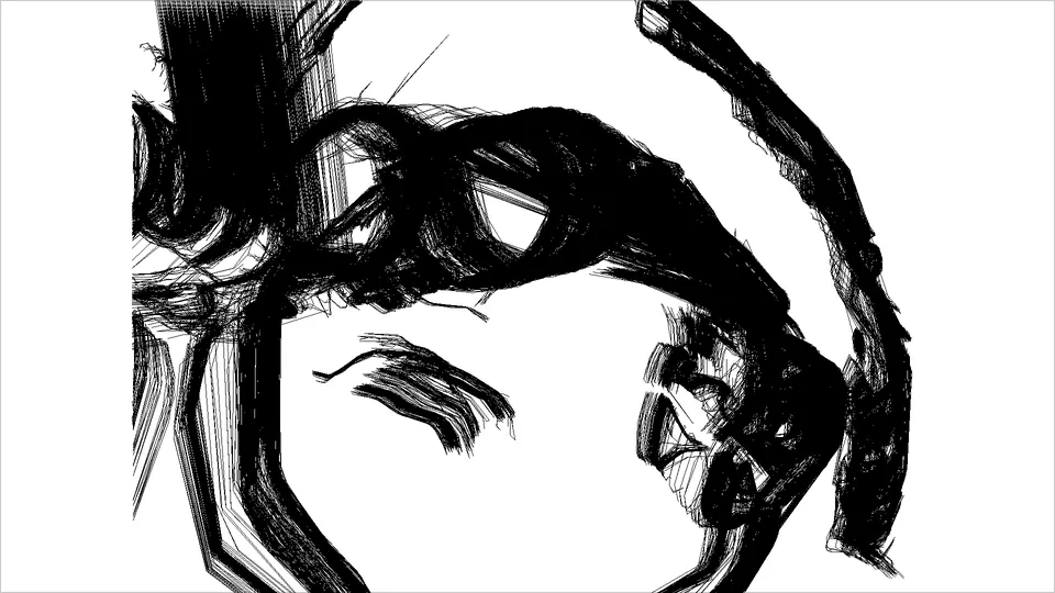 Un dibujo de líneas negras de una cabeza vista desde arriba, en trazos gruesos.