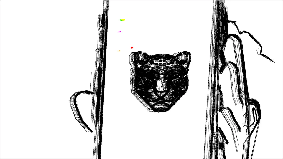 Un dibujo de la cara de un jaguar entre dos líneas, y una mano.