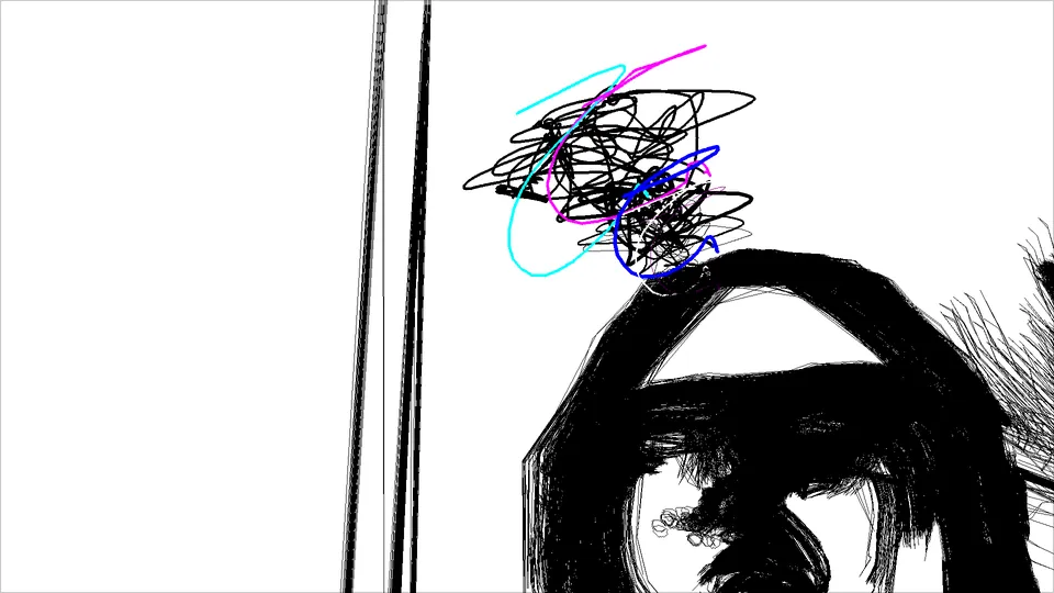 Un dibujo de una cabeza con una maraña de líneas de colores encima.