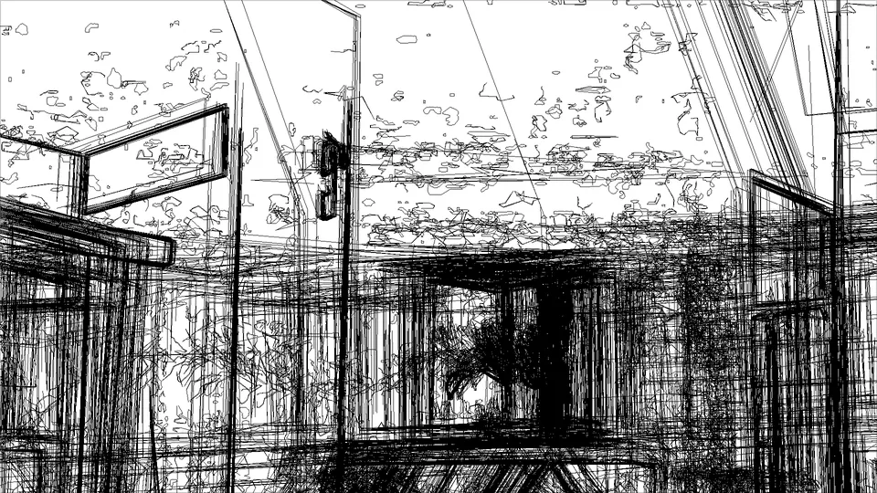 Un dibujo de líneas de una sala: ventanas, muebles y la luz en el piso.