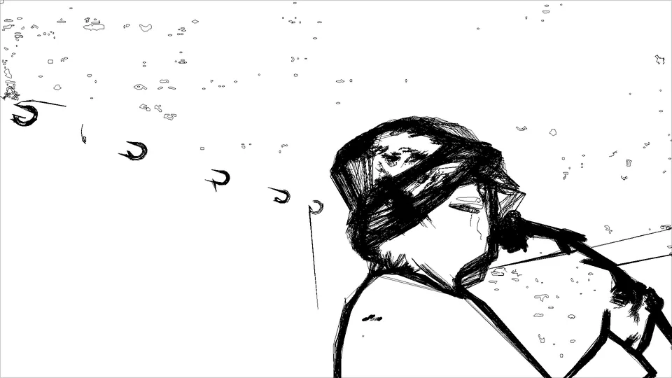 Un dibujo de líneas de una persona con gorra, de perfil, con pequeños puntos dibujados en el aire.