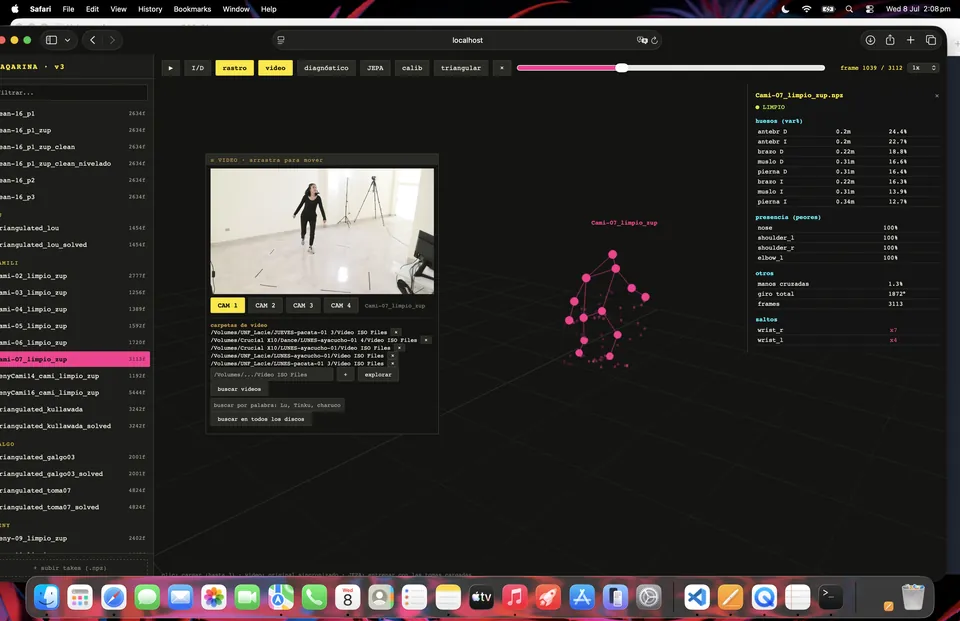 La app de Paqarina: la lista de tomas, una vista de cámara de un bailarín y el esqueleto 3D del mismo momento.