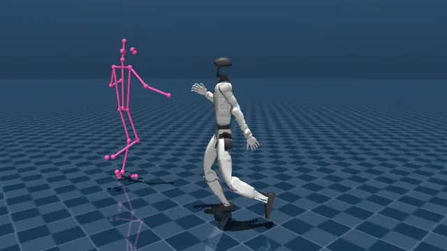 Un esqueleto rosado y un robot humanoide blanco bailan lado a lado sobre un piso azul a cuadros.
