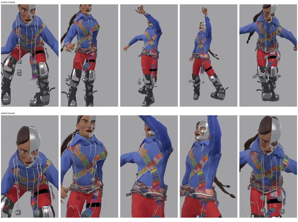 El avatar desde muchos ángulos: chamarra azul, pantalón rojo, botas y la mitad de la cara en plata.
