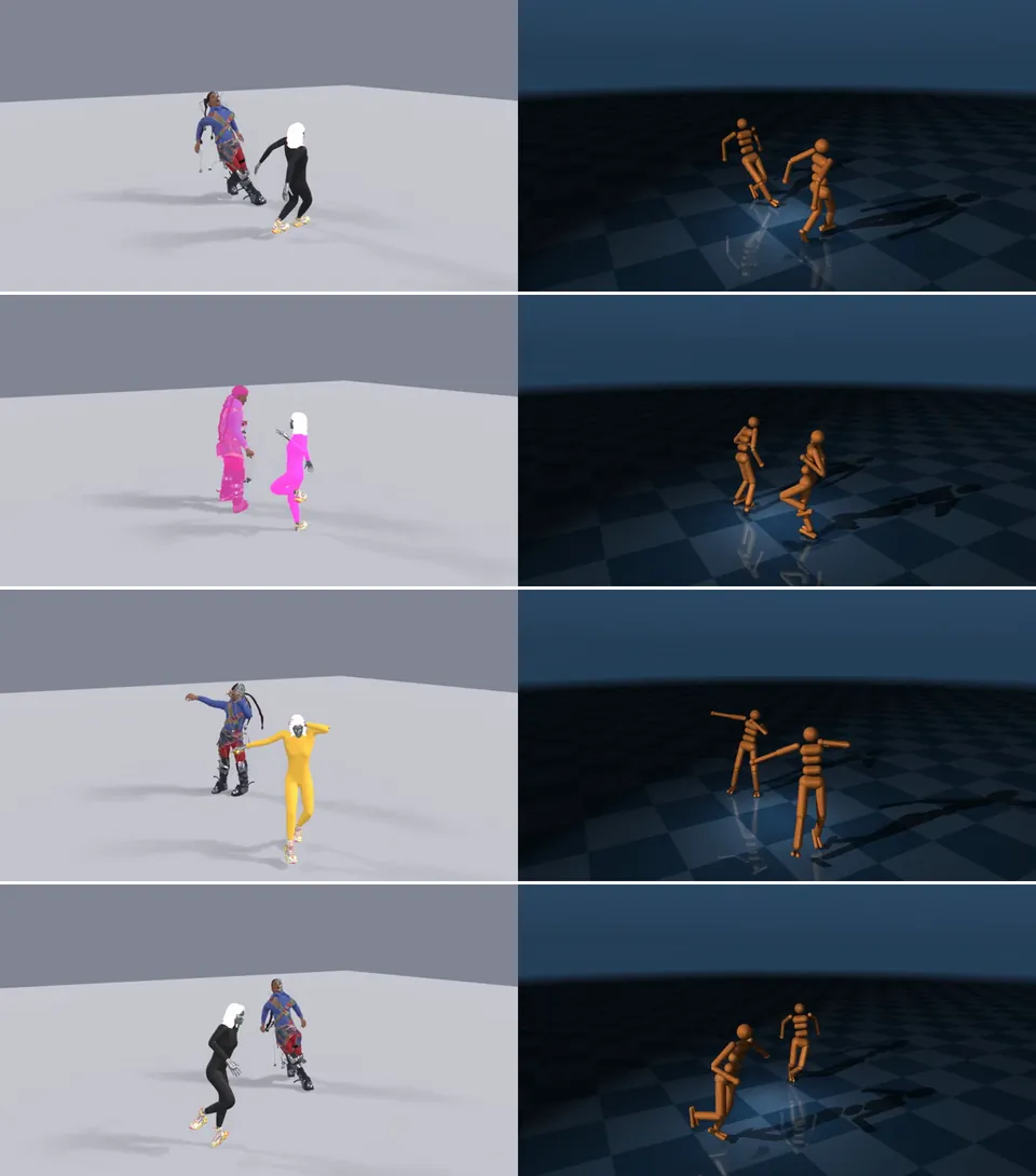 Parejas de avatares sobre gris, junto a las mismas parejas como robots naranjas sobre un piso azul.