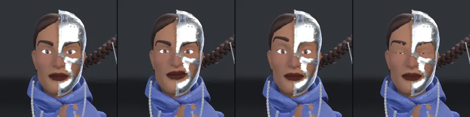 La cara del avatar en cuatro expresiones: neutra, una sonrisa, las cejas arriba, los ojos cerrados. La mitad de la cara es de plata.