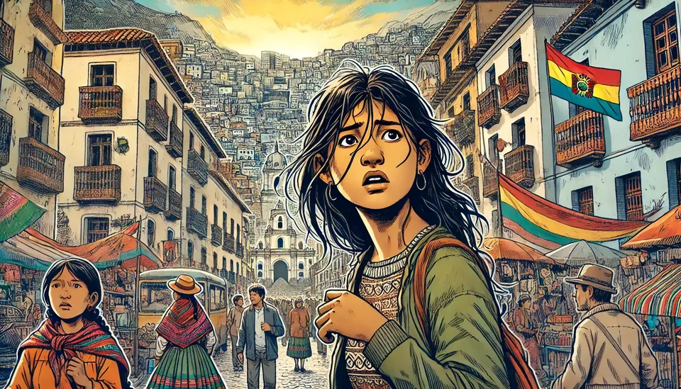 Una niña en una calle de mercado llena de gente, en una ciudad en la ladera, con banderas de Bolivia en los balcones.