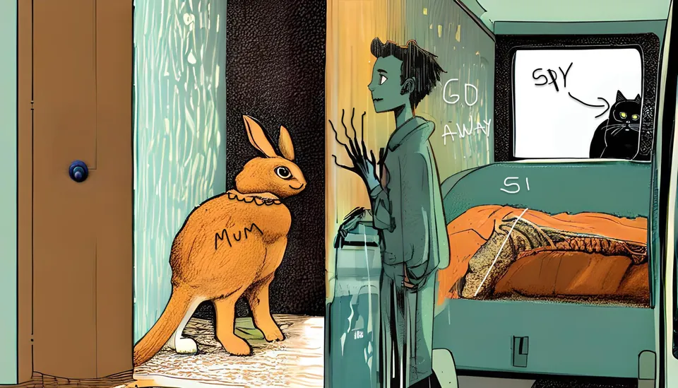 Una coneja con MUM escrito en la espalda en una puerta, una persona junto a una cama, GO AWAY escrito en la pared y un gato en una pantalla que dice SPY.