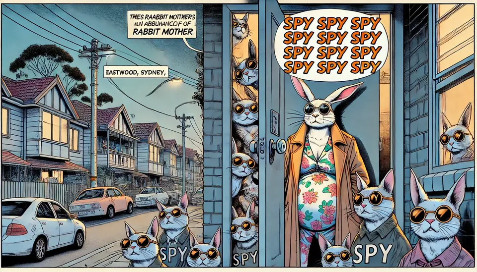 Una viñeta de cómic: la madre coneja con lentes oscuros en su puerta, en una calle de barrio, rodeada de gatos con lentes oscuros y un globo de diálogo lleno de SPY.