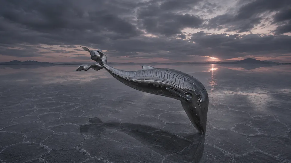 Una ballena robótica plateada emerge del salar de Uyuni inundado al anochecer.