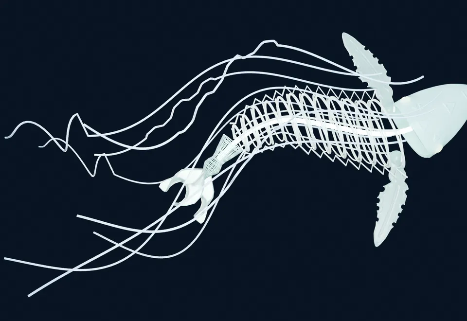 Un diseño para la ballena física visto desde arriba: un cuerpo de costillas con aletas, que arrastra líneas como corrientes.