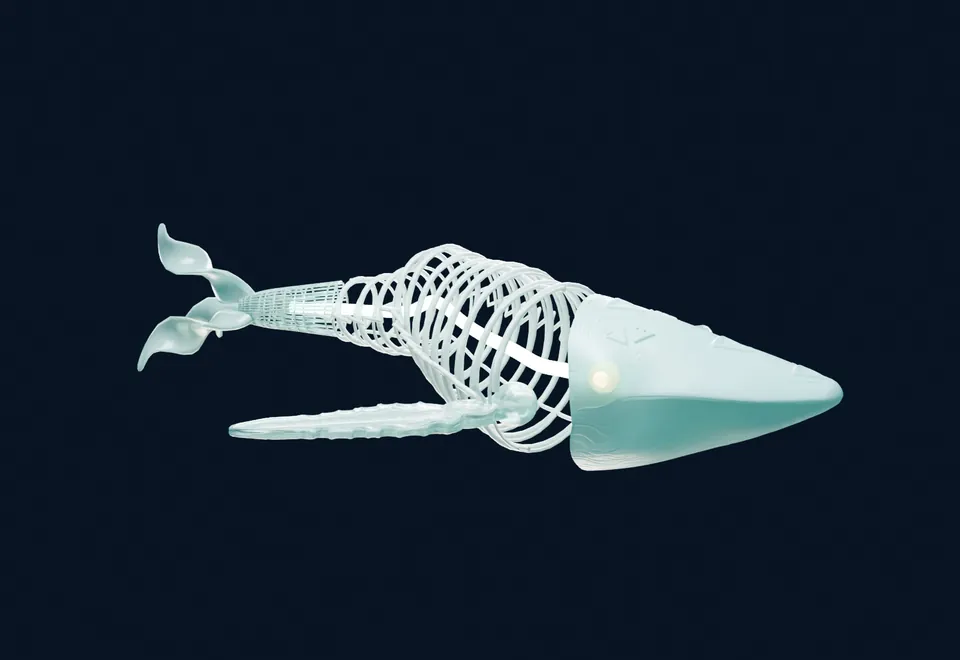 Un diseño para la ballena física: una cabeza iluminada y una jaula de anillos, con aletas y cola.