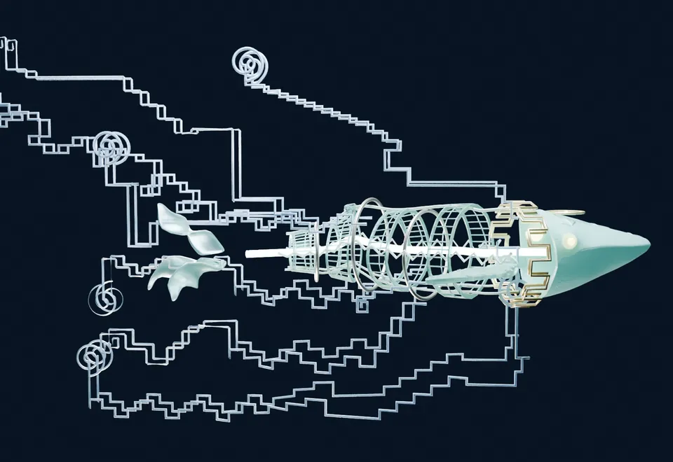 Un diseño para la ballena física: líneas escalonadas y espirales, como líneas de Nazca, salen de una cabeza iluminada.