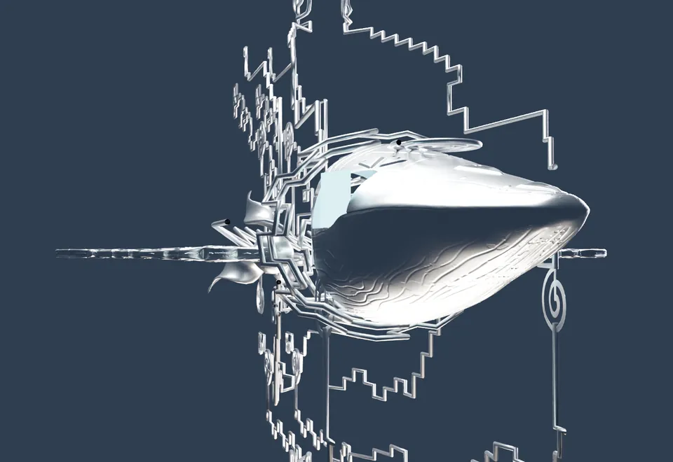 Un diseño para la ballena física en plata, de frente, con líneas escalonadas alrededor.