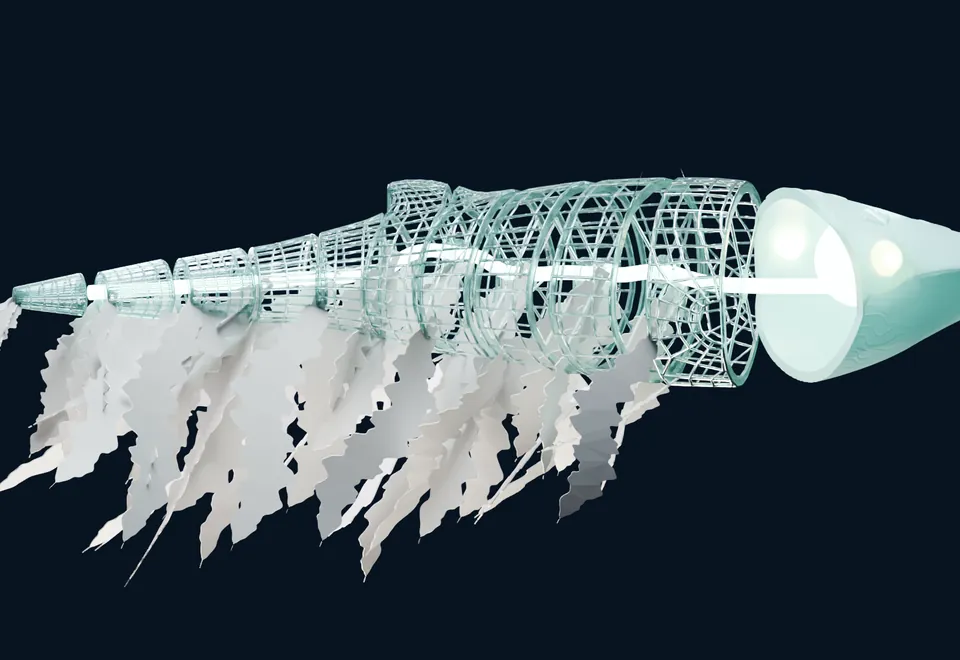Un diseño para la ballena física: una serpiente de anillos con escamas de papel que cuelgan abajo.