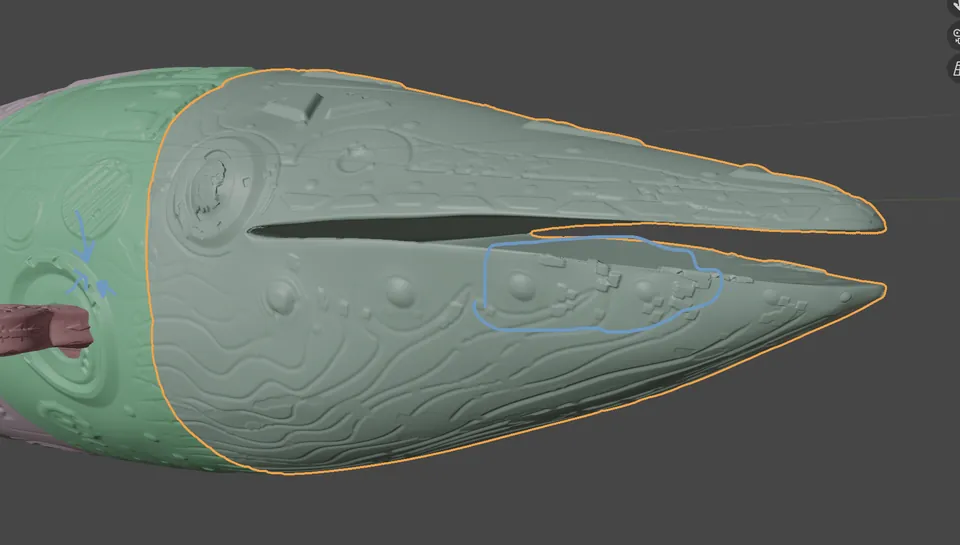 En Blender, la cabeza de la ballena con la boca abierta, la piel tallada de dibujos.