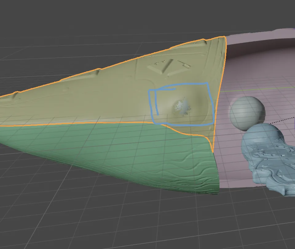 En Blender, el cuerpo de la ballena dividido en partes de colores, con una articulación de bola al lado.