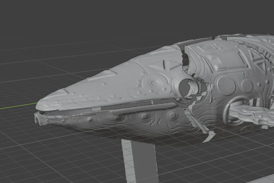 La ballena entera esculpida en gris, sobre un soporte, en Blender.