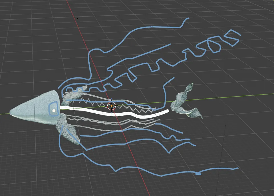 En Blender, la columna de la ballena como una curva blanca, con líneas dibujadas alrededor del cuerpo.