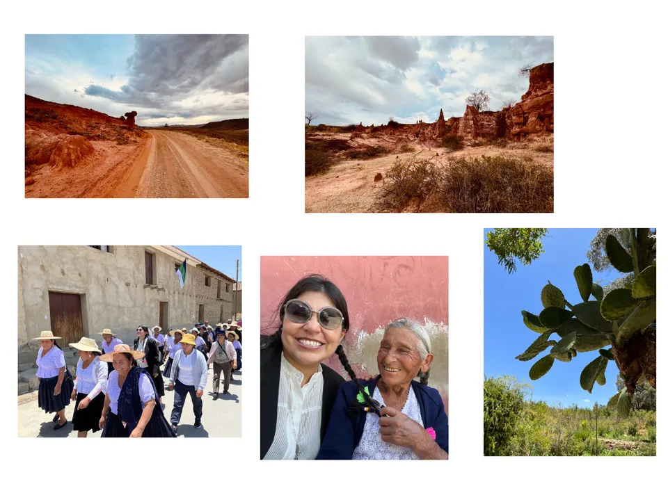 Cinco fotografías sobre una página blanca: dos caminos entre tierra roja, personas con sombrero que caminan por la calle de un pueblo, dos mujeres que sonríen juntas, y un cactus bajo un cielo azul.