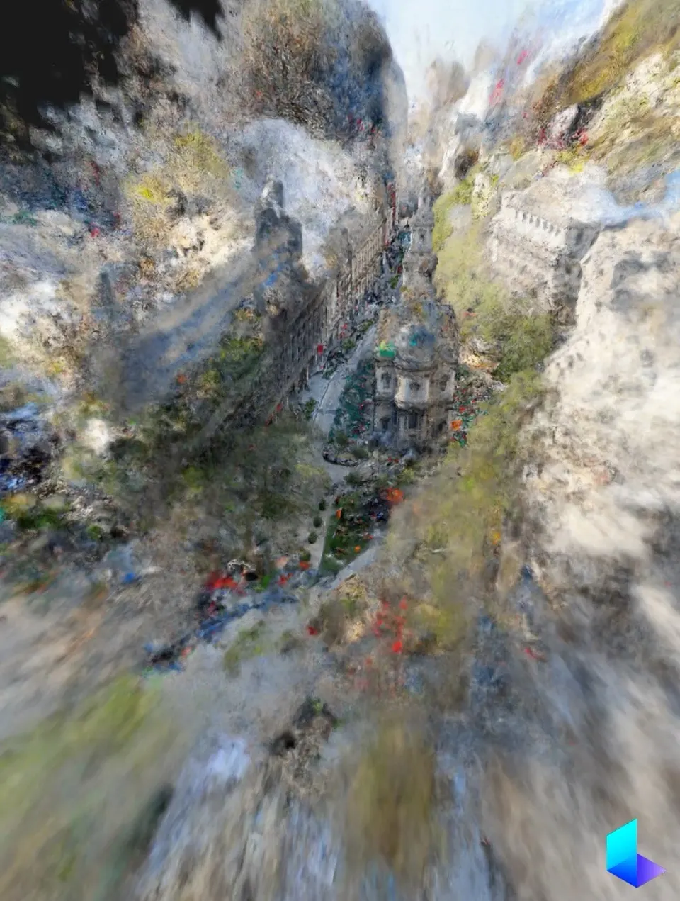 Un escaneo 3D borroso de una calle vista desde arriba, con edificios a los dos lados.